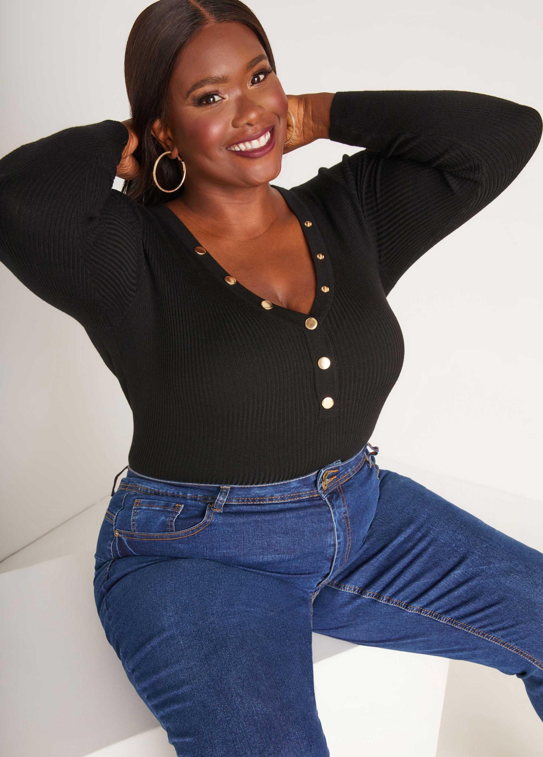 Plus Size Snap Detailed Ribbed Sweater Ashley Stewart Product Image