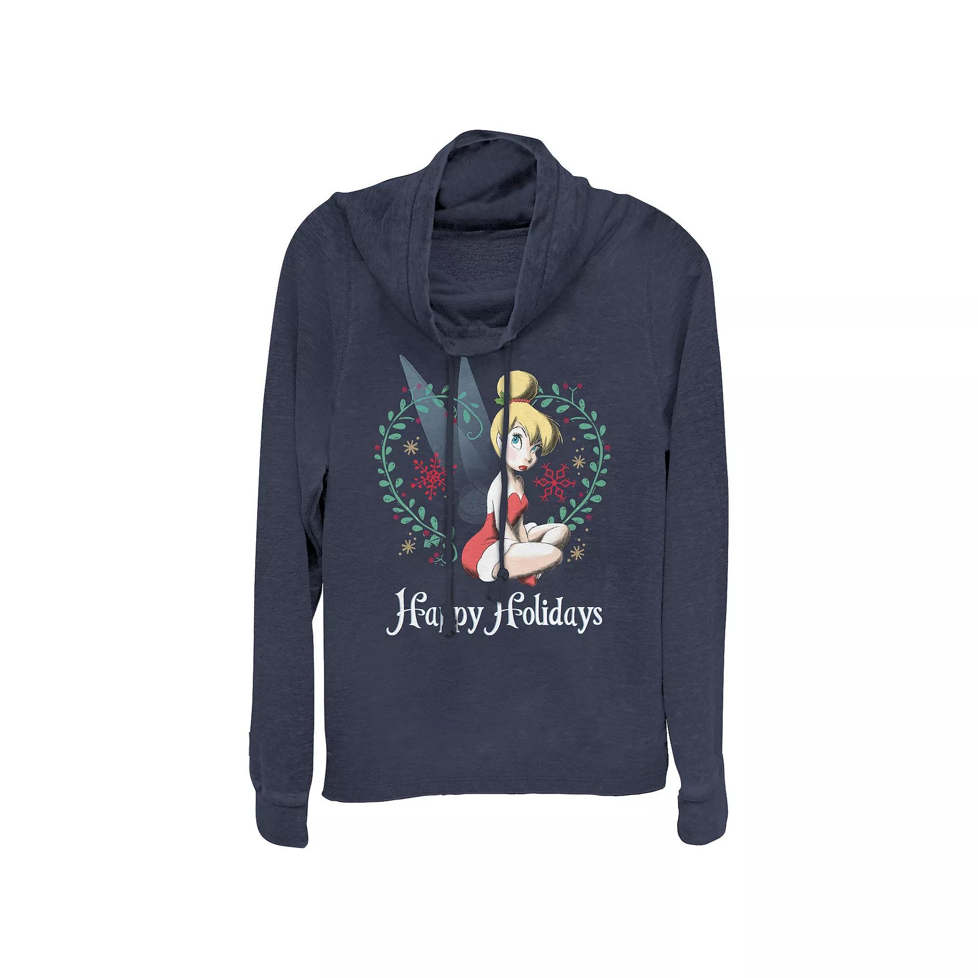 Disney's Tinker Bell Women's Plus Happy Holidays Heart Wreath Cowlneck Graphic Lightweight Long Sleeve, Girl's, Size: 1XL, Blue Product Image