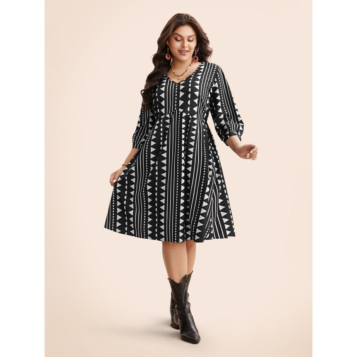 Plus Size Geometric V Neck Lantern Sleeve Dress Black Women Resort Non V-neck Elbow-length sleeve Curvy BloomChic 12/L Product Image