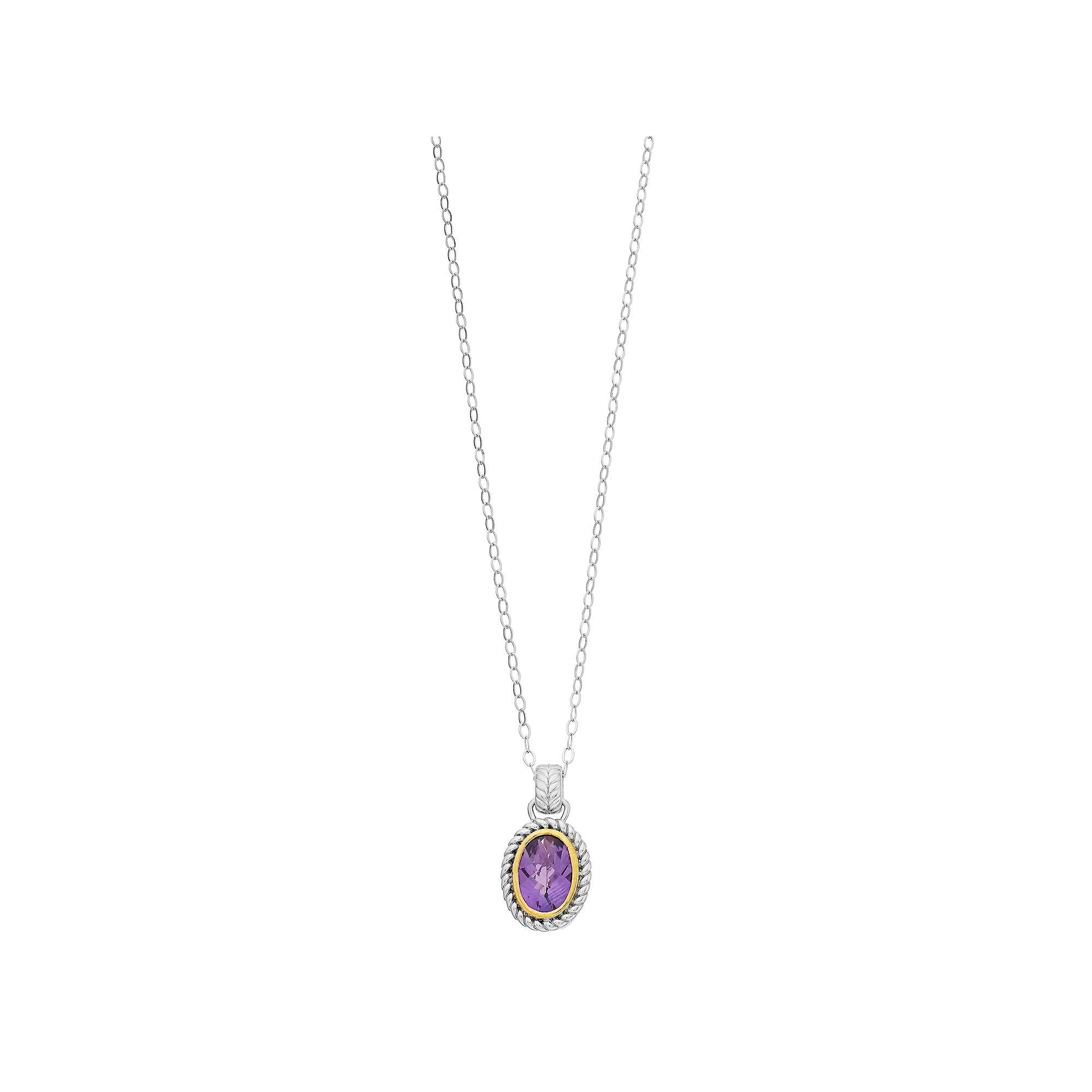 Two Tone Sterling Silver Oval Amethyst Pendant Necklace, Women's, Size: 18" Product Image
