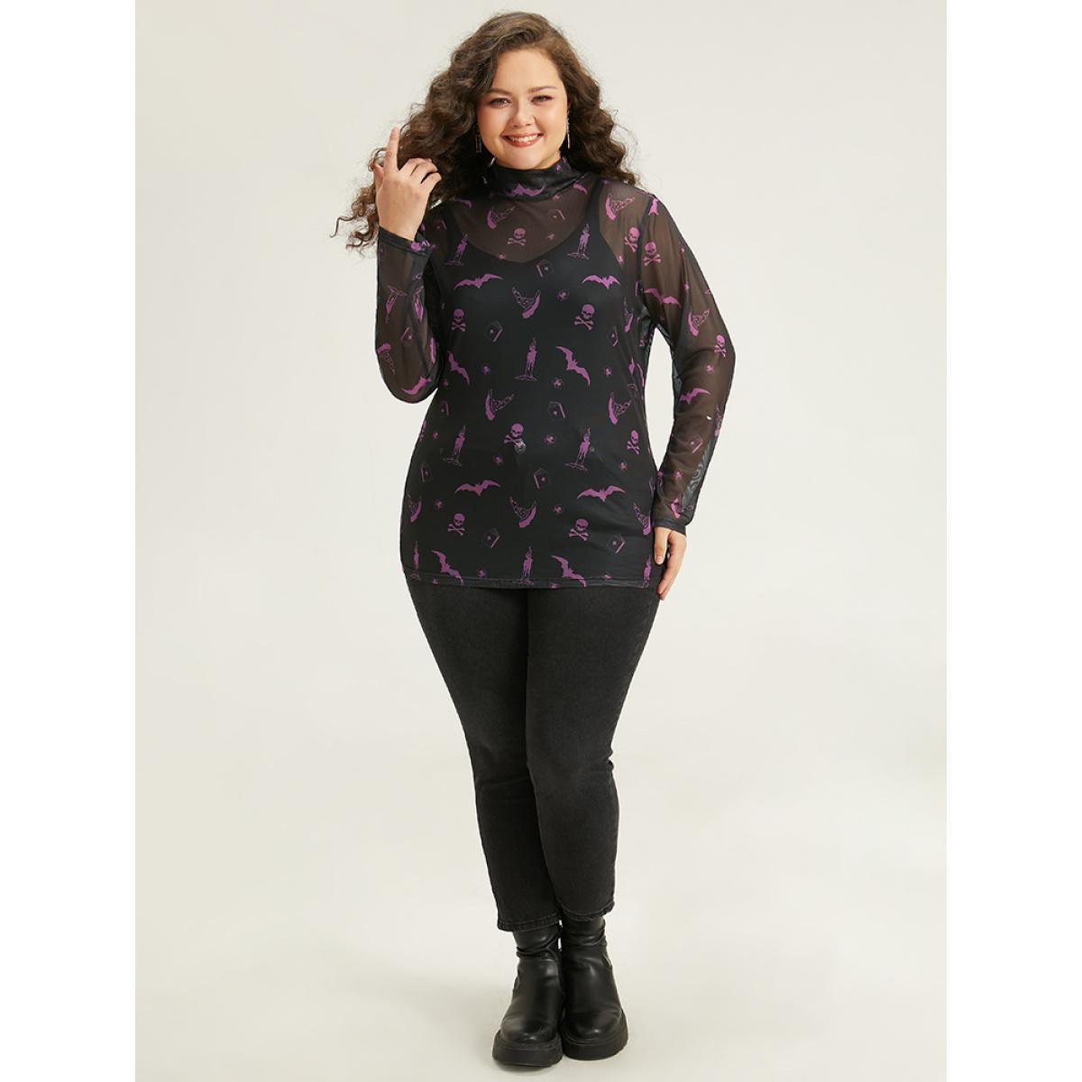 Plus Size Halloween Mock Neck Skull Print Mesh T-shirt Black Women Casual See through Graphic-Halloween Mock Neck Festival-Halloween T-shirts BloomChic 14-16/1X Product Image