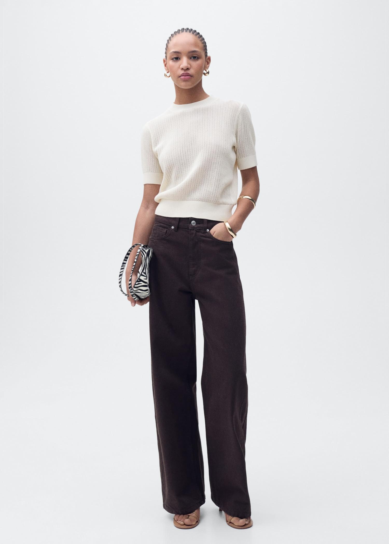Short-sleeved openwork knitted sweater - Women | MANGO USA Product Image