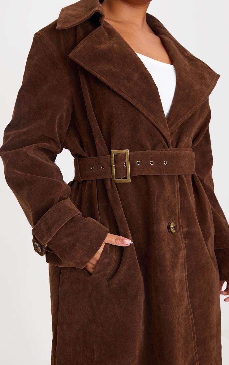 Plus Chocolate Faux Suede Belted Trench Coat Product Image