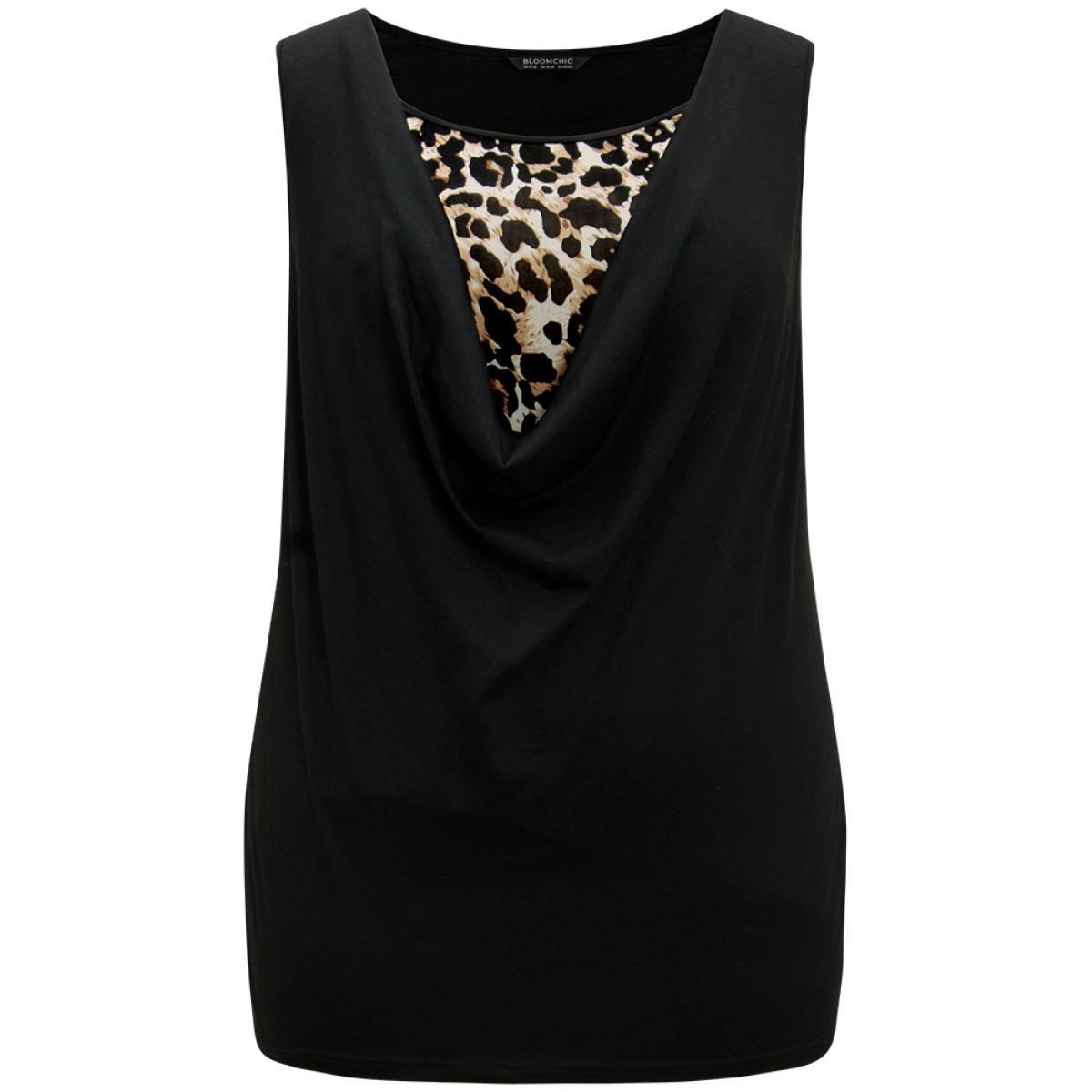 Plus Size Leopard Patchwork Round Neck Tank Top Women Black Elegant Patchwork Round Neck Dailywear Tank Tops Camis BloomChic 14-16/1X Product Image