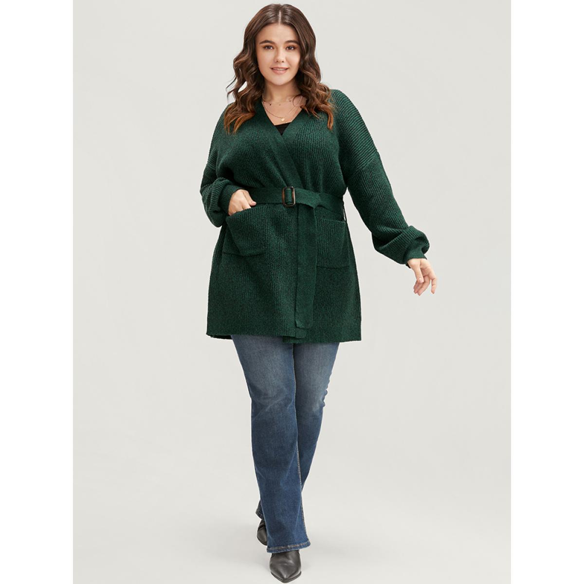 Plus Size Soft Pointelle Knit Pocket Belted Open Front Cardigan Cyan Women Casual Loose Long Sleeve Dailywear Cardigans BloomChic 10/M Product Image