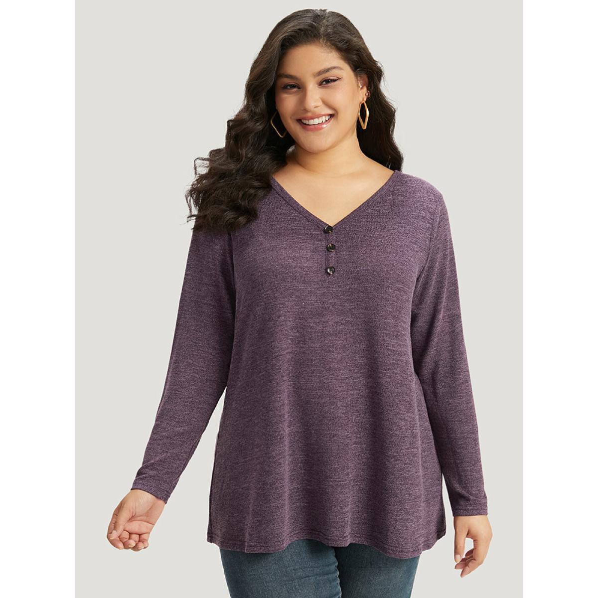 Plus Size Heather Button Up Long Sleeve T-shirt Purple Women Casual Heather Plain V-neck Everyday T-shirts BloomChic 26/4X Product Image