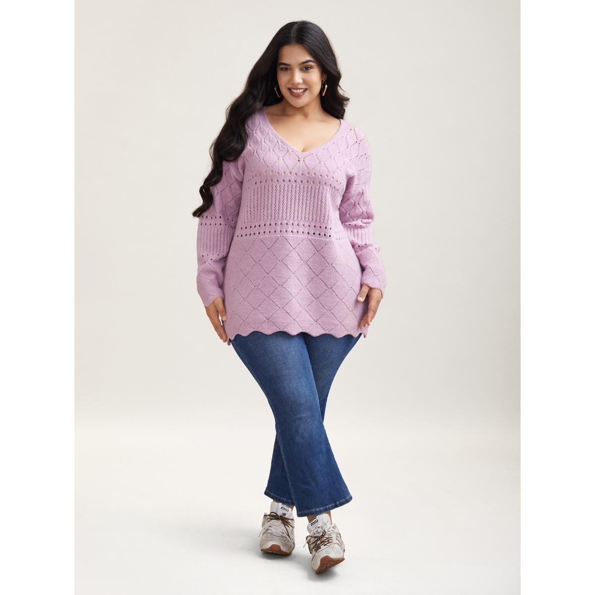 Plus Size Cut-Out Textured V-Neck Pullover Lilac Women Casual Loose Long Sleeve V-neck Everyday Pullovers BloomChic 12/L Product Image
