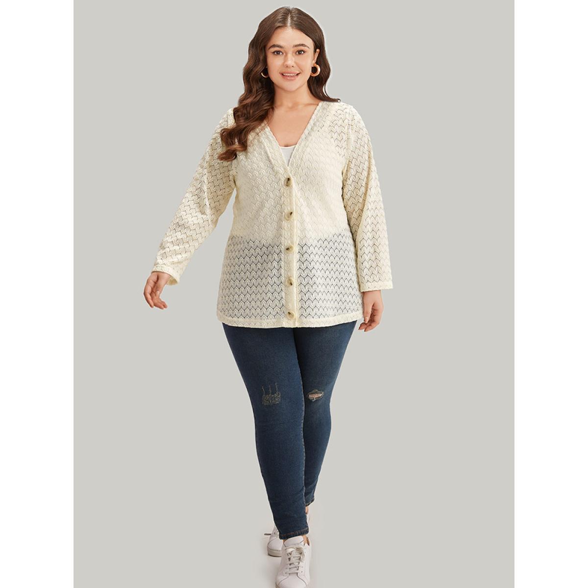 Plus Size Geometric Lace Hollow Out Button Through Jacket Women Beige Casual Plain Ladies Dailywear Winter Coats BloomChic 28/5X Product Image
