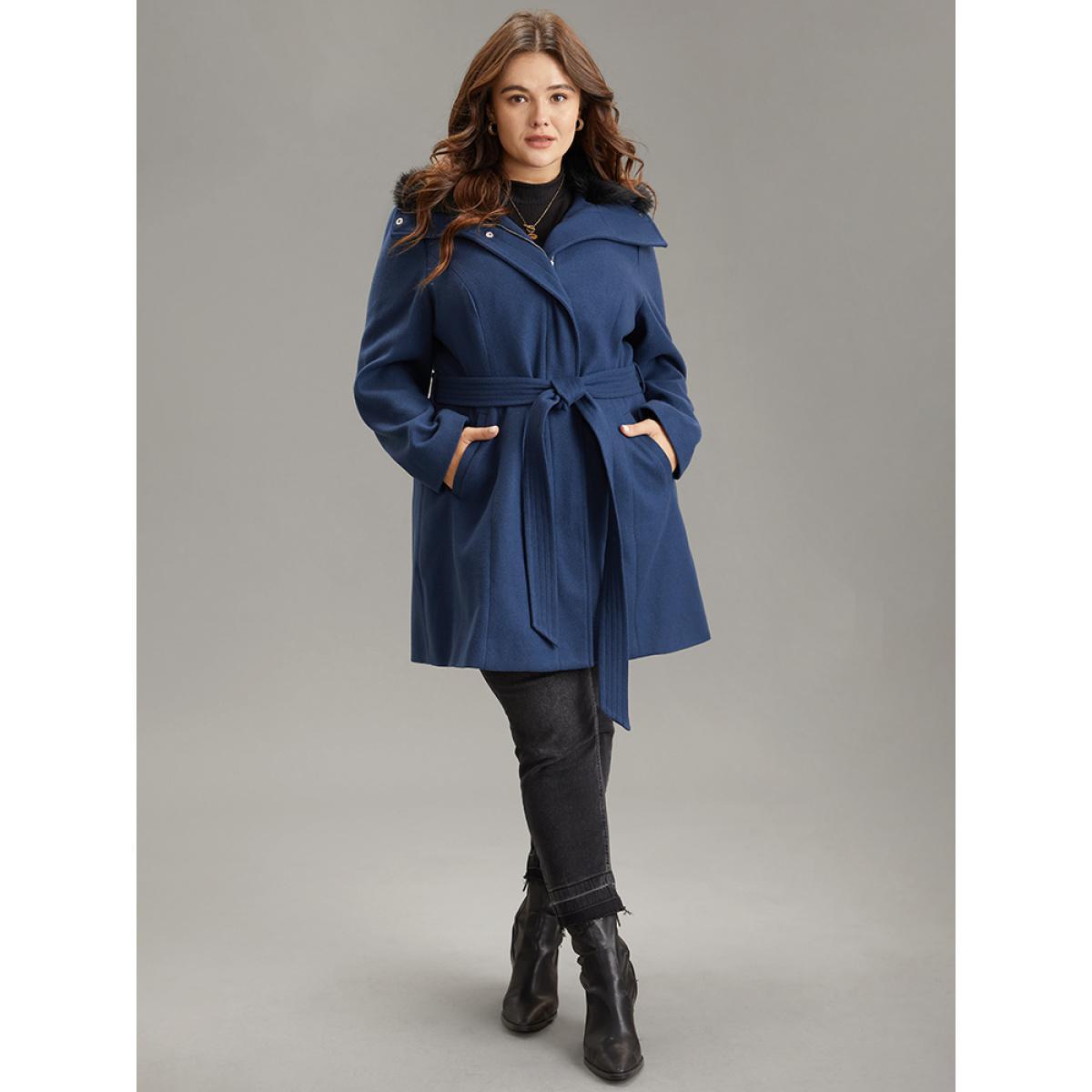 Plus Size Plain Fuzzy Trim Zipper Belted Coat Women DarkBlue Casual Lined Ladies Dailywear Winter Coats BloomChic 22-24/3X Product Image