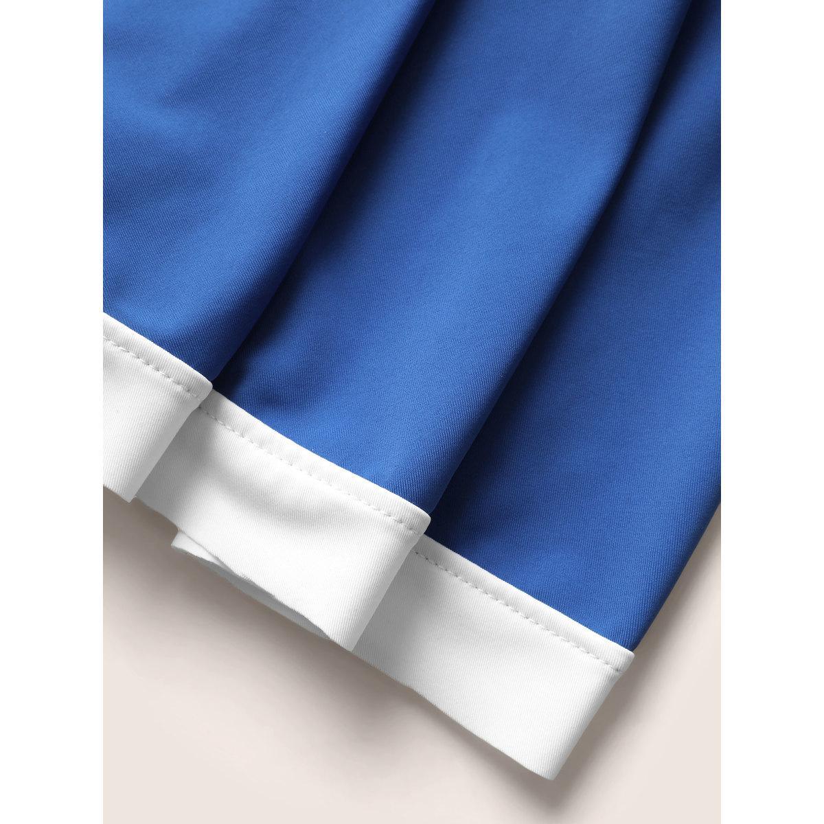 Plus Size Plain Patchwork Ruched Button Detail Swim Dress Women's Swimwear Blue Beach Bodycon Heart neckline High stretch Curve Swim Dresses BloomChic 10/M Product Image