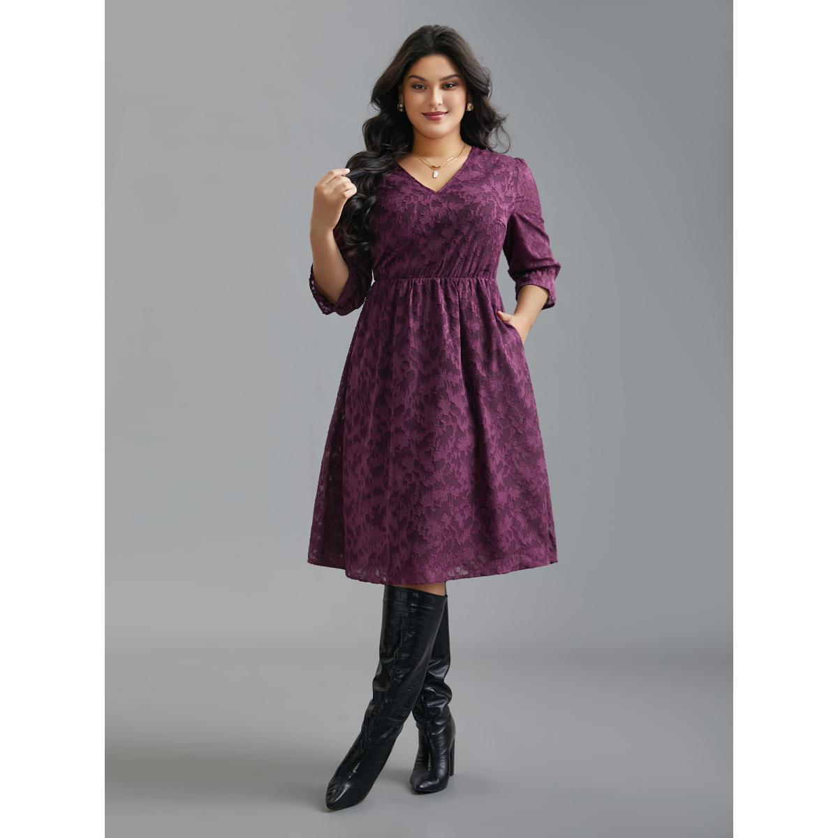 Plus Size V Neck Burn-out Fabric Midi Dress Deeppurplered Women Elegant Texture V-neck Elbow-length sleeve Curvy BloomChic 12/L Product Image