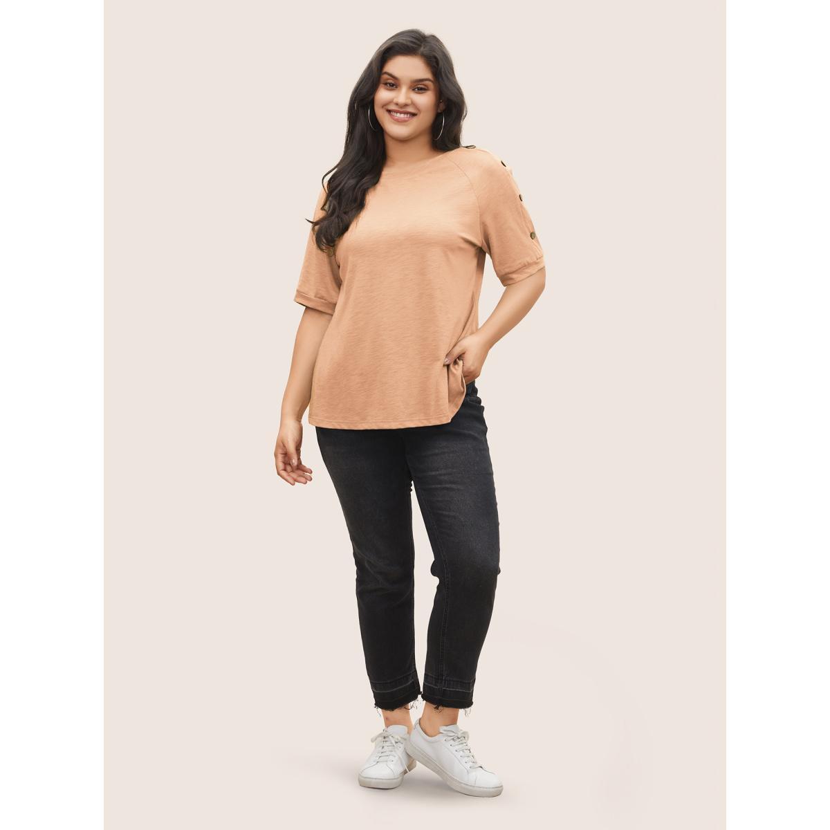 Plus Size Plain Button Detail Raglan Sleeve T-shirt Apricot Women Casual Non Plain Non Everyday T-shirts BloomChic 14-16/1X Product Image