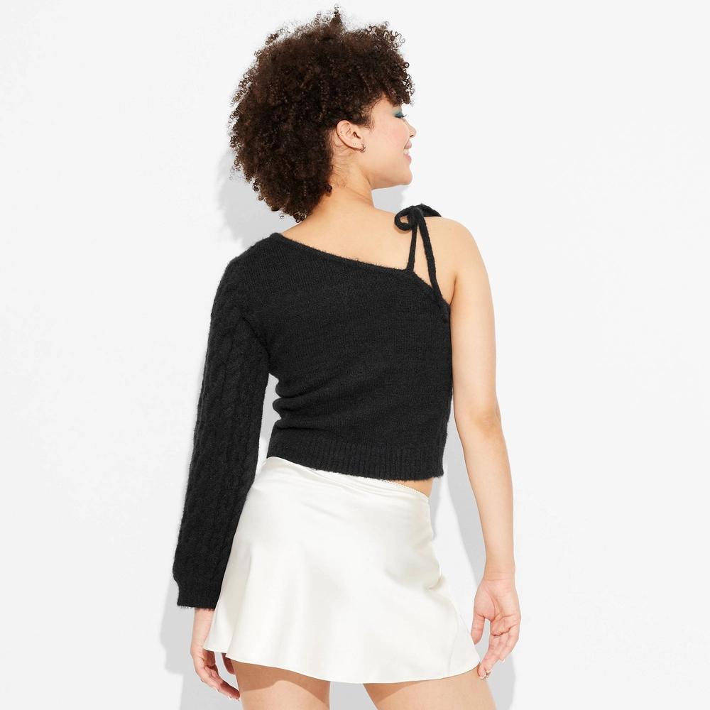Women's One Shoulder Tie Cable Pullover Sweater - Wild Fable™ Black M: Recycled Nylon & Polyester, Asymmetrical Neckline Product Image