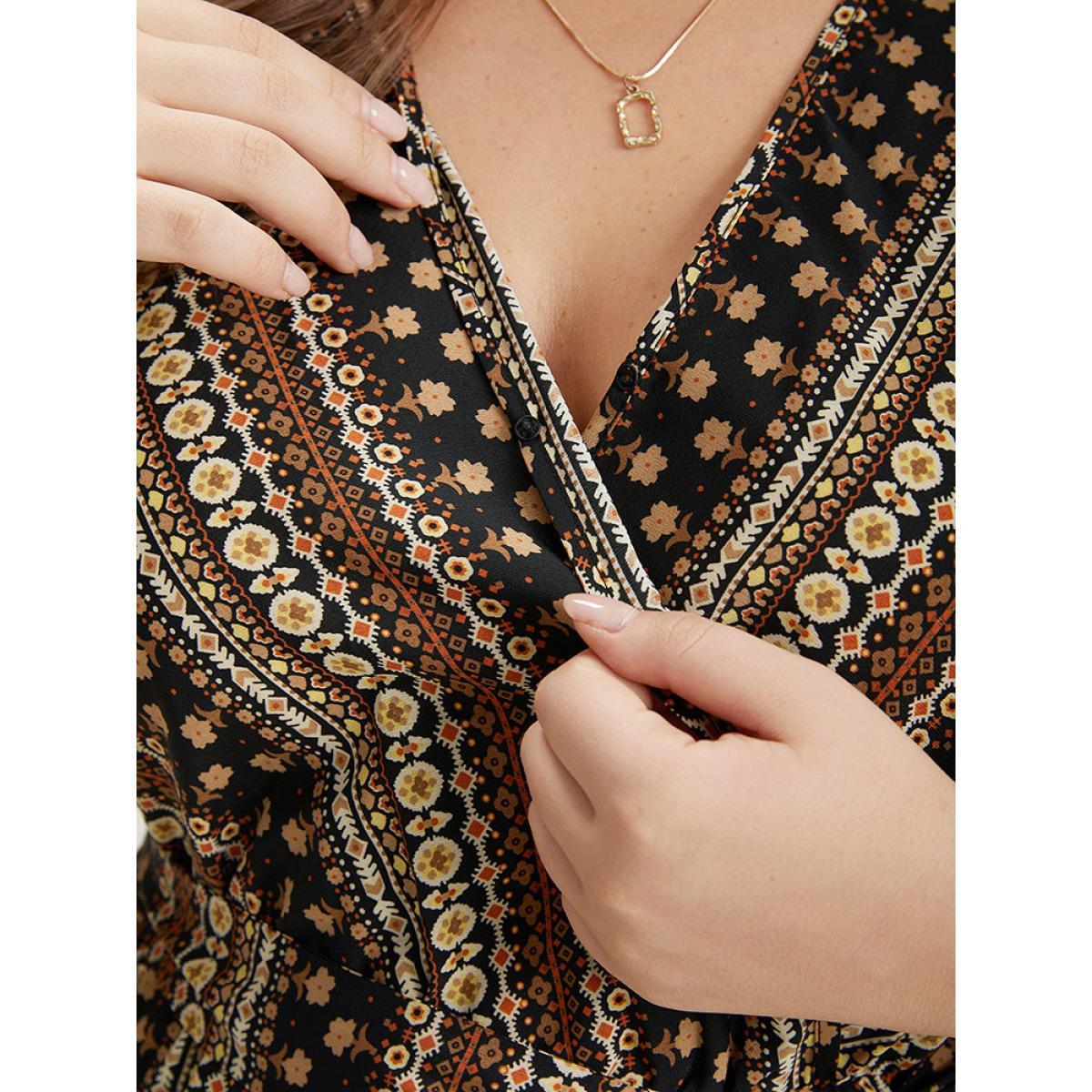 Plus Size DarkBrown Bandana Print Surplice Neck Belted Ruffle Sleeve Jumpsuit Women Elegant Short sleeve V-neck Dailywear Loose Jumpsuits BloomChic 28/5X Product Image