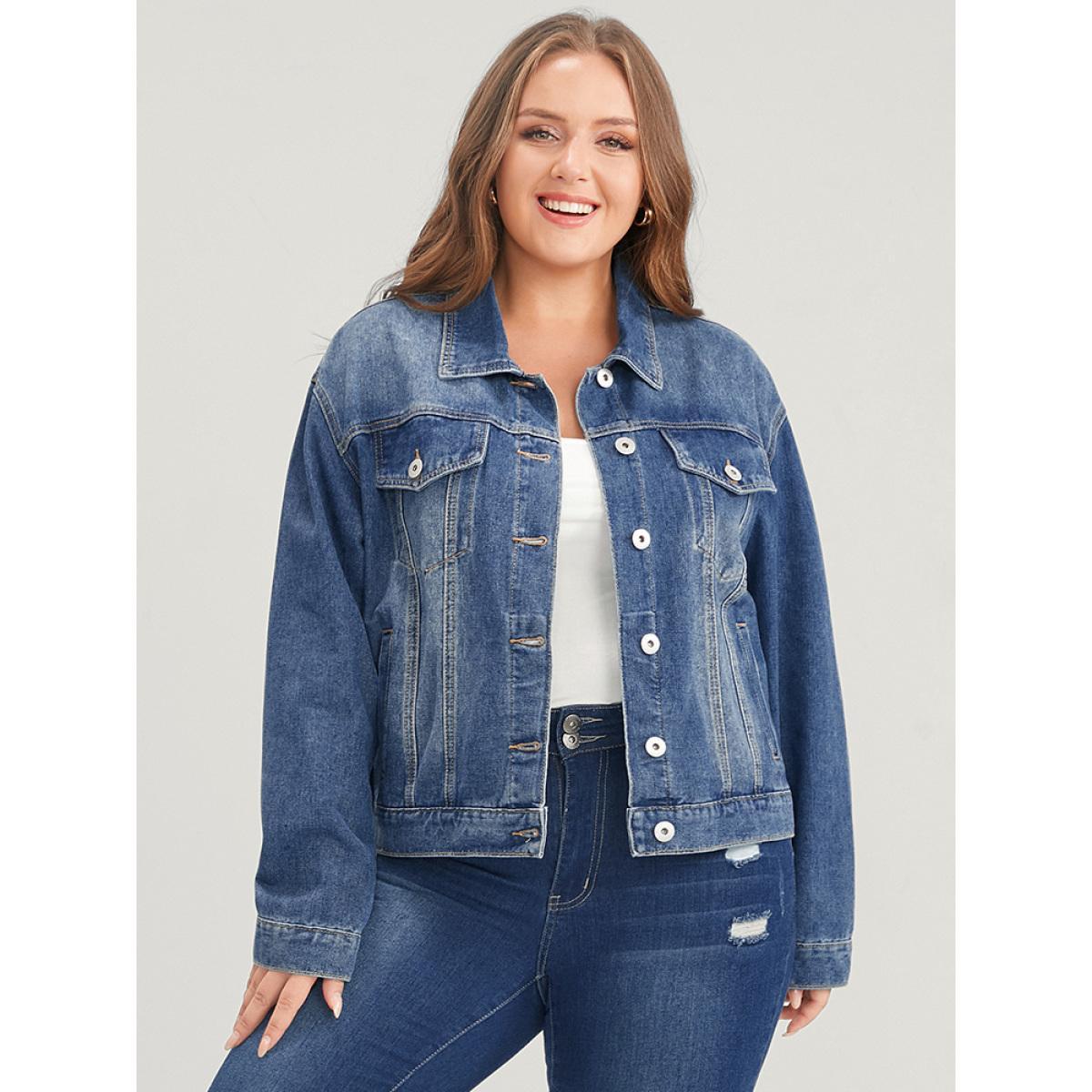 Women Solid Flap Pocket Button Front Dark Wash Denim Jacket Cerulean Plus Size Plain Dailywear Pocket Casual Denim Jackets BloomChic 18-20/2X Product Image