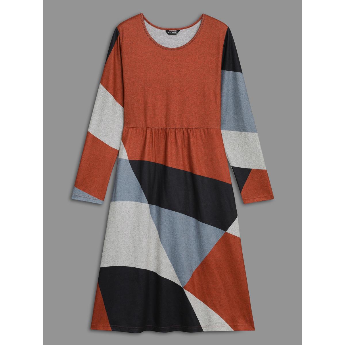Plus Size Round Neck Geometric Colorblock Contrast Dress Multicolor Women Casual Contrast Knit Dresses Bloomchic 18-20/2X Product Image