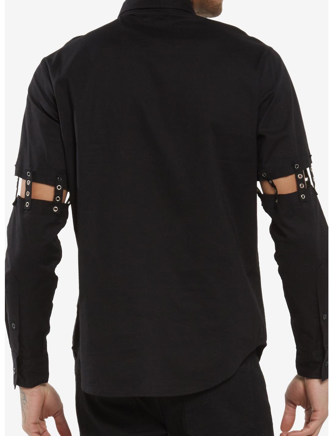 Black Grommet Cutout Straps Long-Sleeve Woven Button-Up Product Image