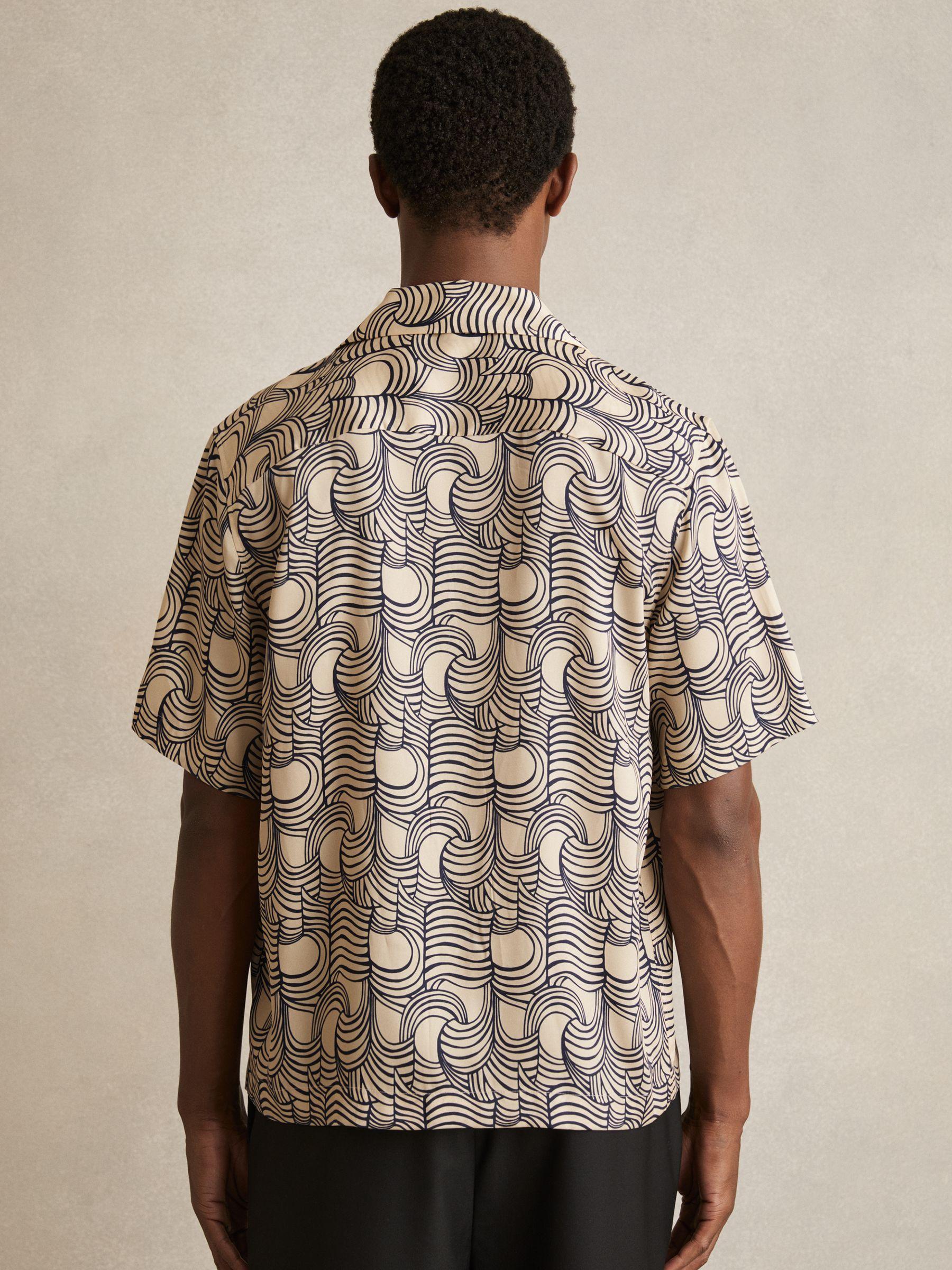 Wave Print Cuban Collar Shirt in Off White/Navy Product Image