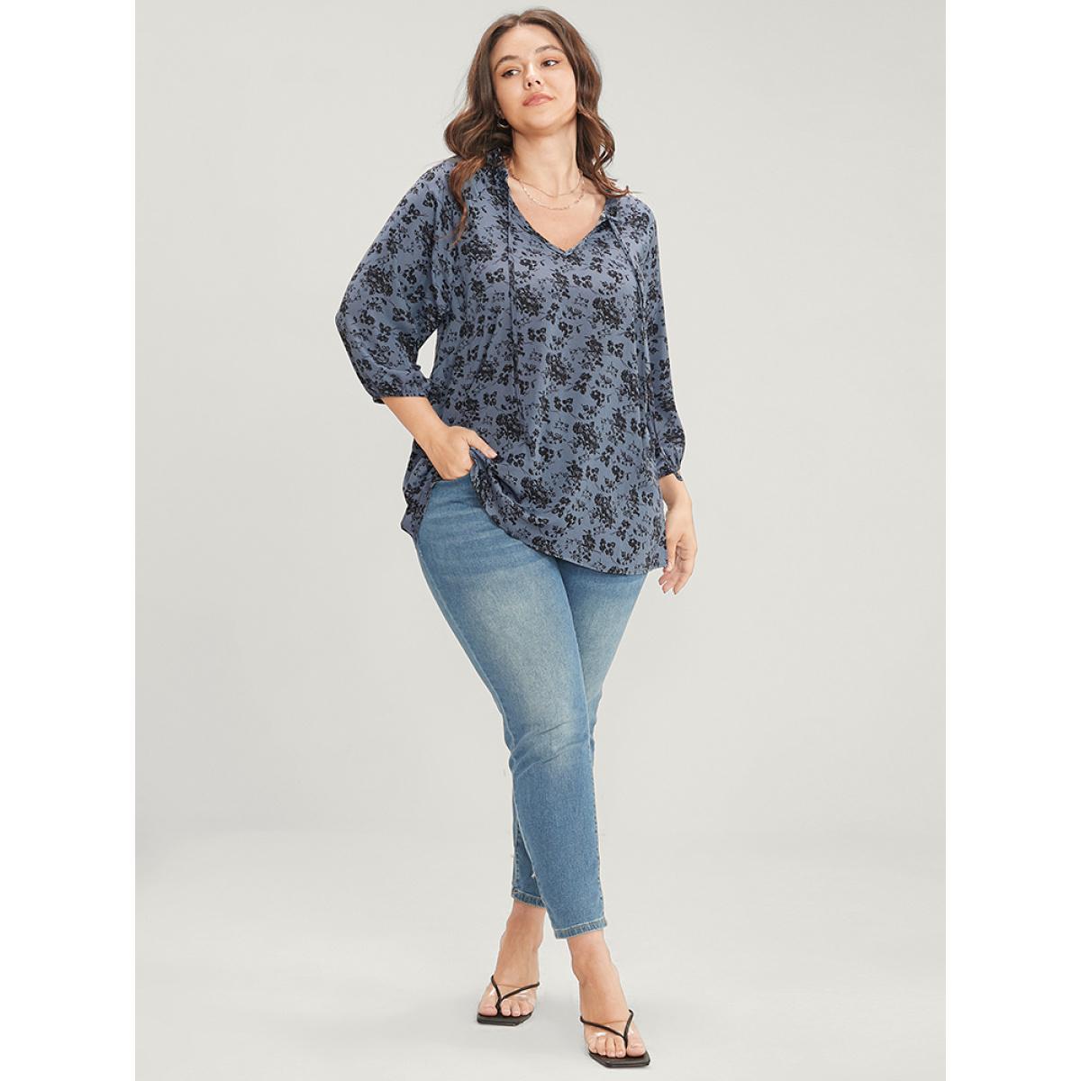 Plus Size Stone Floral Print Lantern Sleeve Tie V Neck Blouse Women Elegant Elbow-length sleeve V-neck Dailywear Blouses BloomChic 14-16/1X Product Image