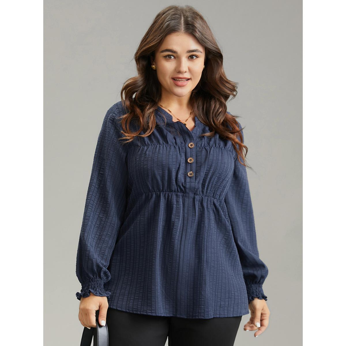 Plus Size Indigo Plisse Gathered Shirred Cuffs Button Through Blouse Women Office Long Sleeve Notched collar Work Blouses BloomChic 12/L Product Image