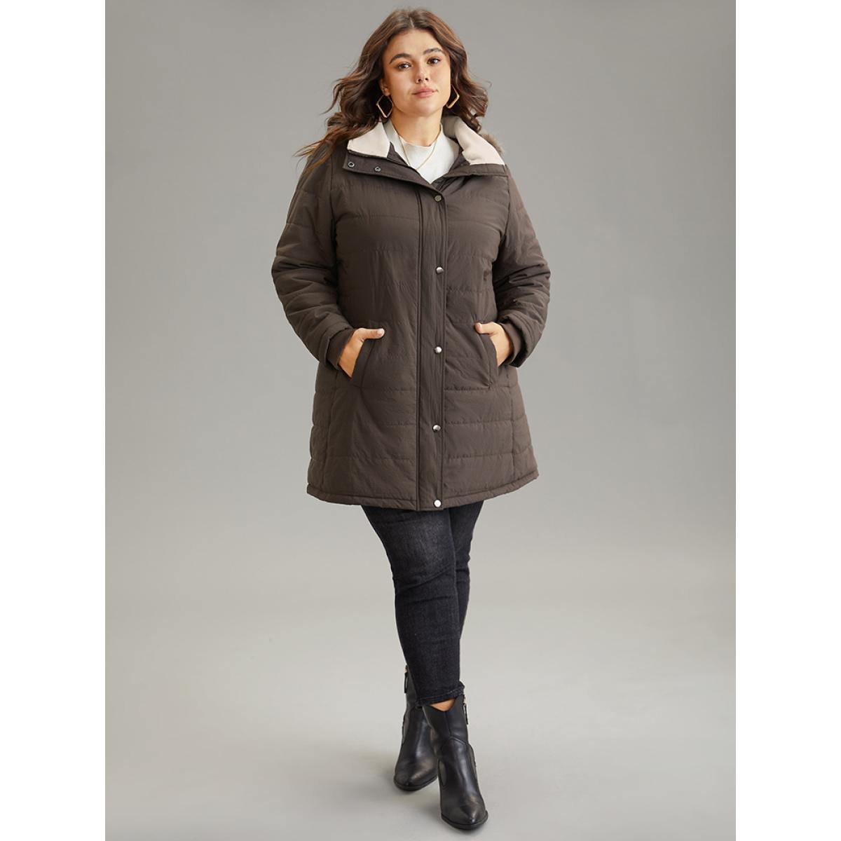 Plus Size Contrast Pocket Fuzzy Detail Zipper Fly Coat Women DarkBrown Casual Rib Knit Ladies Dailywear Winter Coats BloomChic 22-24/3X Product Image