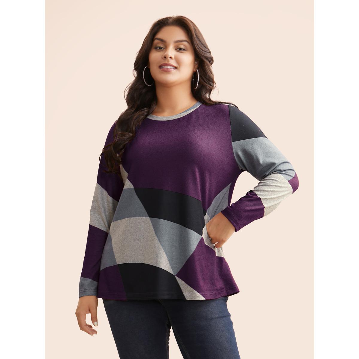 Plus Size Round Neck Colorblock Contrast T-shirt Eggplant Women Casual Contrast Non Everyday T-shirts BloomChic 14-16/1X Product Image