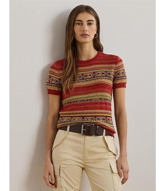 Lauren Ralph Lauren Petite Size Geometric Stripe Ribbed Crew Neck Short Sleeve Pullover Sweater Product Image