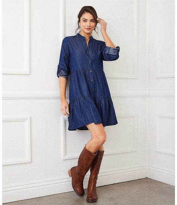 Karen Kane Petite Size Chambray Roll Tab Sleeve Tiered Shirtdress Product Image
