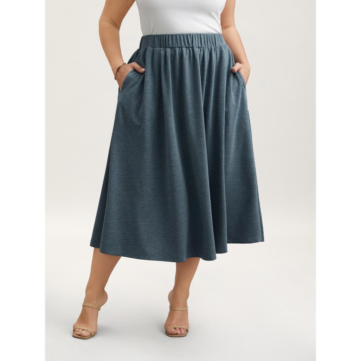 Plus Size Heather Stretchy-Waist Pleated Midi Skirt Women DarkSlateGray Elegant Gathered Medium stretch Slanted pocket Everyday Skirts BloomChic 28/5X Product Image