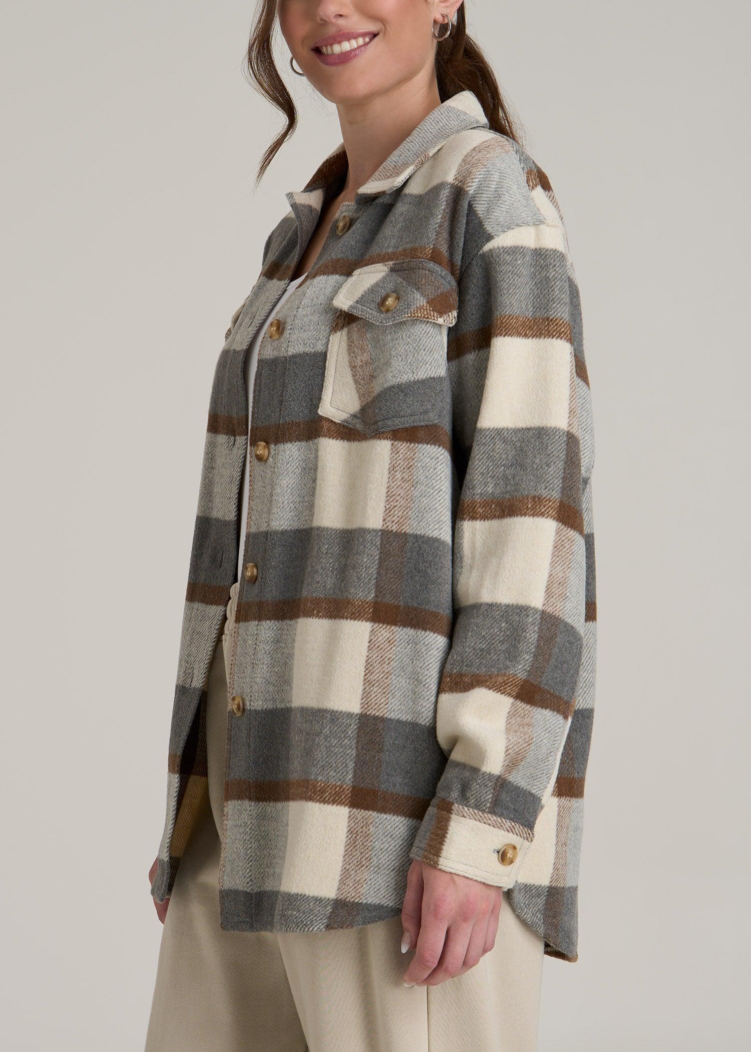 Flannel Women's Tall Shacket in Grey and Cream Plaid Product Image