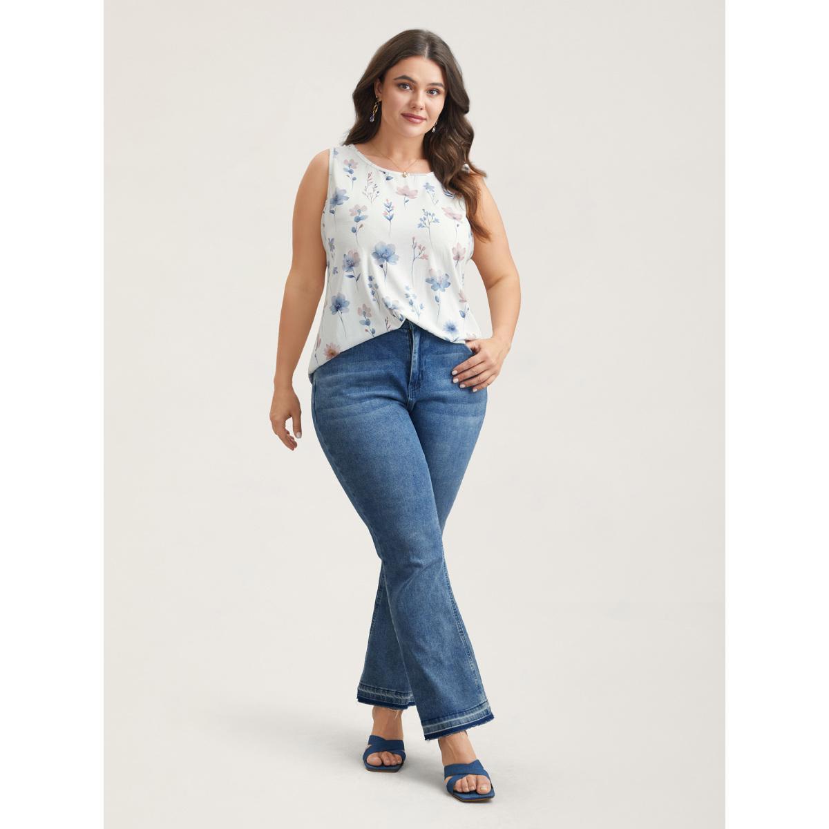 Plus Size Stretchy Floral Print Fitted Vest Women WhiteSmoke Elegant Non Round Neck Everyday Tank Tops Camis BloomChic 30/6X Product Image