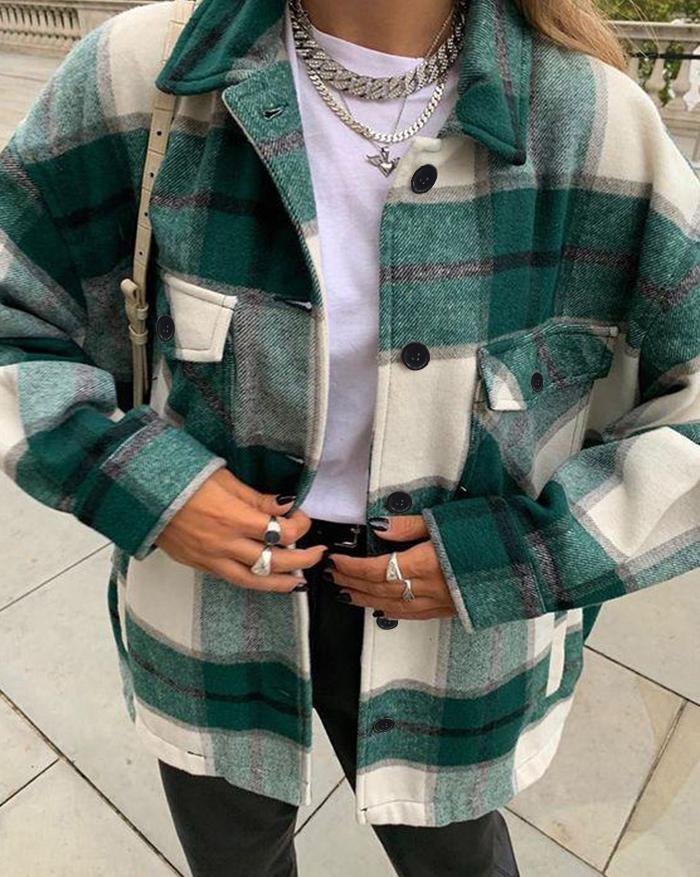 Shacket Vintage Pockets Over-sized Plaid Jacket Product Image