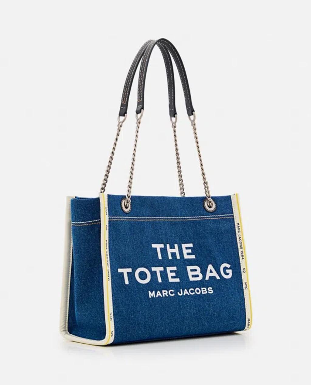 MARC JACOBS The Medium Tote In Blue Denim With Embroidered Logo In Dark Wash Product Image