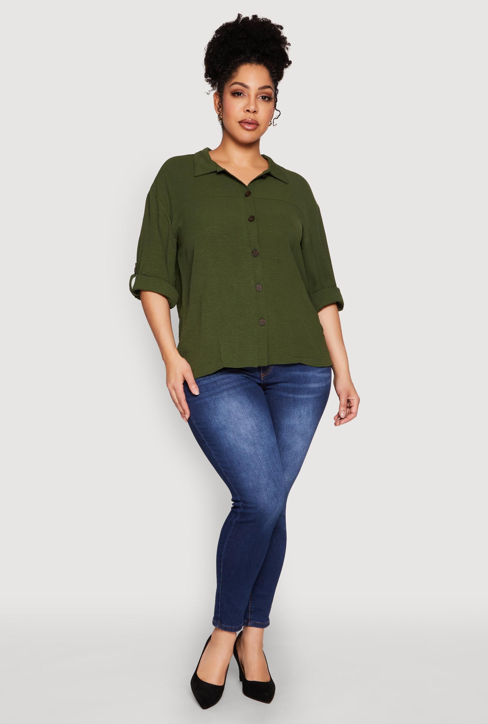 Womens Plus Size Airy Crepe Knit Tabbed Sleeve Shirt Product Image
