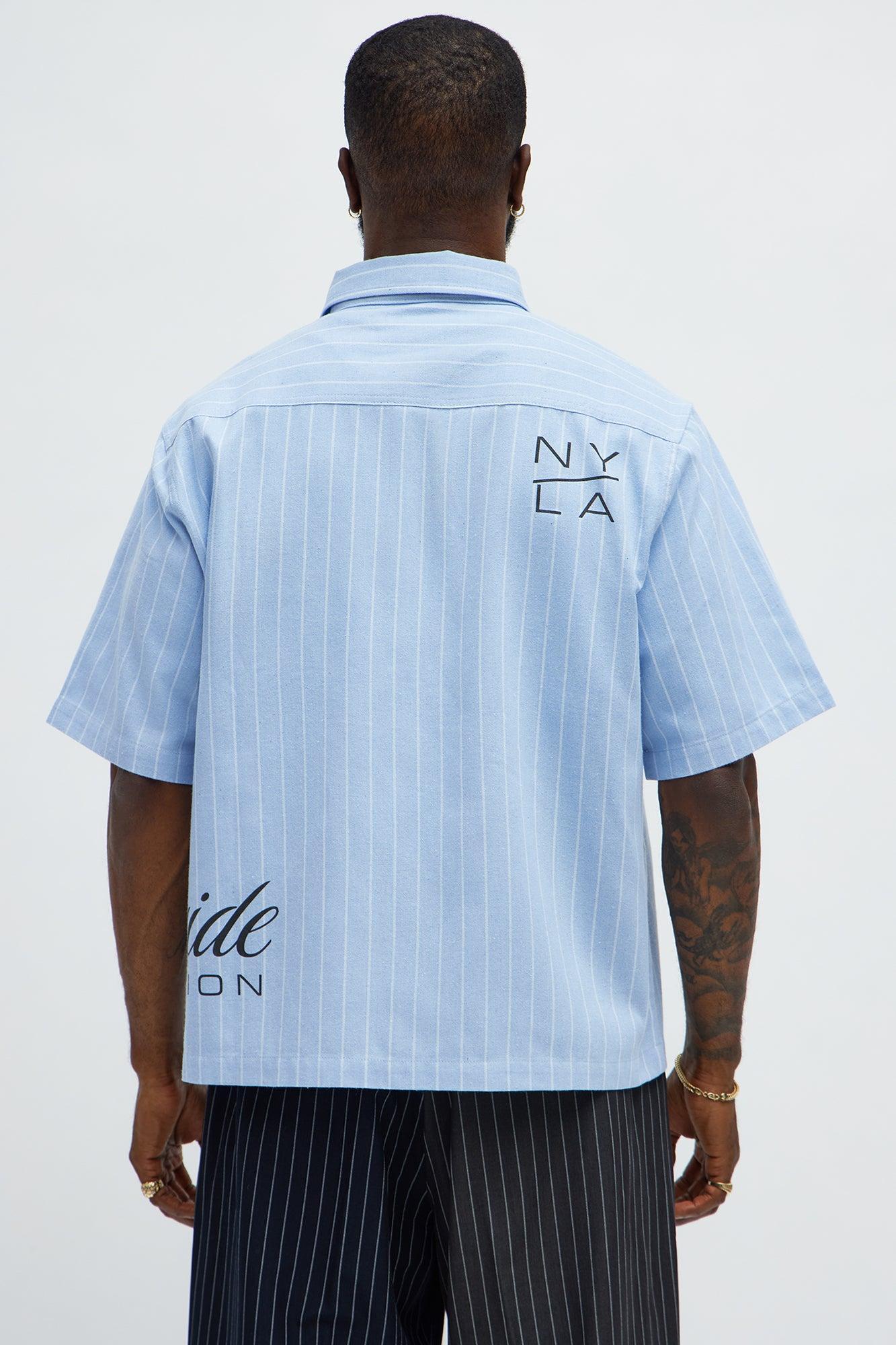 Worldwide Striped Cropped Button Up Shirt - Light Blue Product Image