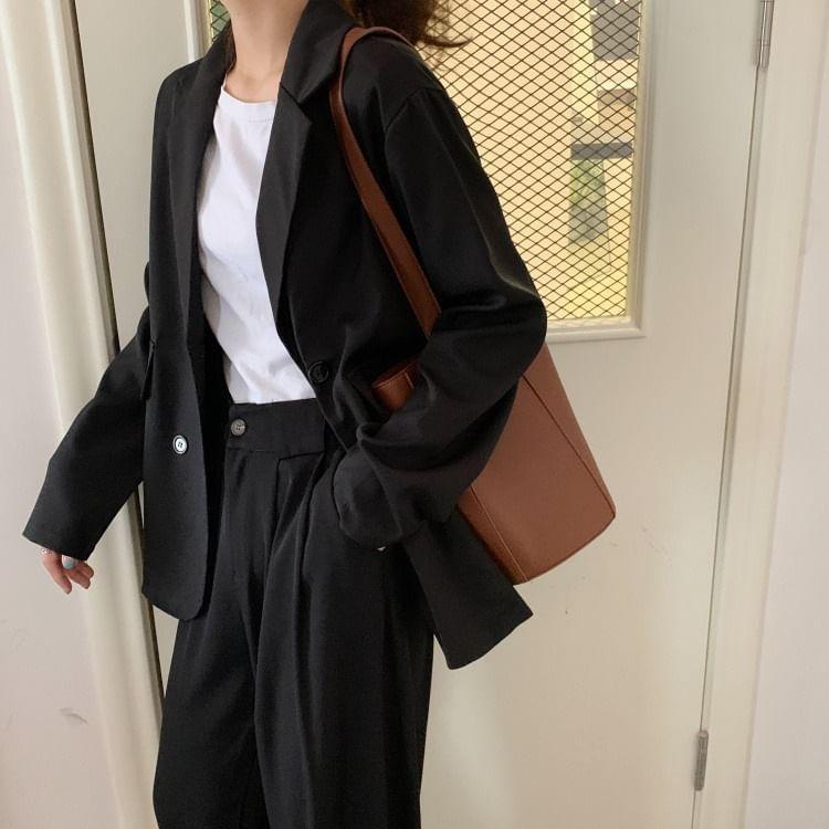 Notch Lapel Plain Double-Breasted Blazer Product Image