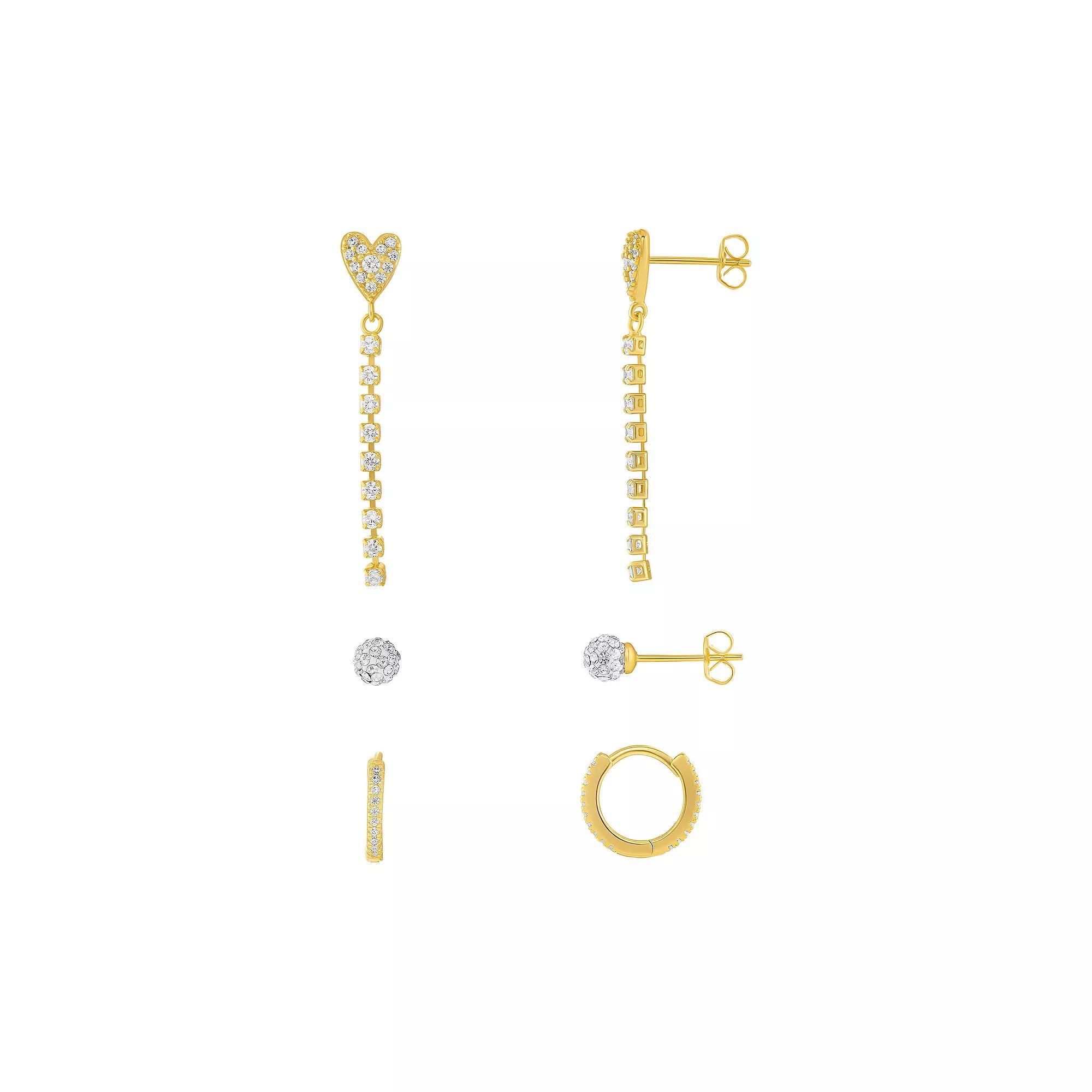 Brilliance 18k Gold Flash Plated Cubic Zirconia Earrings 3-Piece Set, Women's, Yellow Gold Tone Clear Product Image