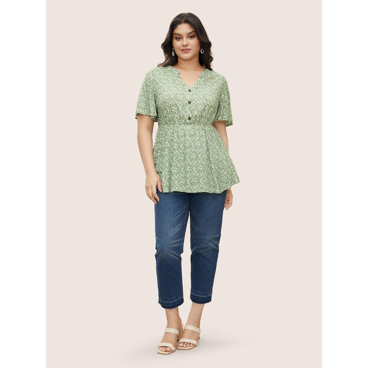 Plus Size Mint Ditsy Floral Notched Button Detail Blouse Women Elegant Short sleeve V-neck Everyday Blouses BloomChic 14-16/1X Product Image
