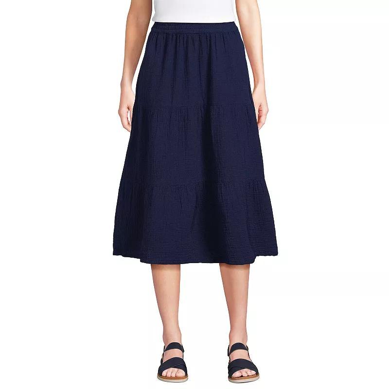Womens Lands End Gauze High Waisted Tiered Midi Skirt Blue Double Stripe Product Image