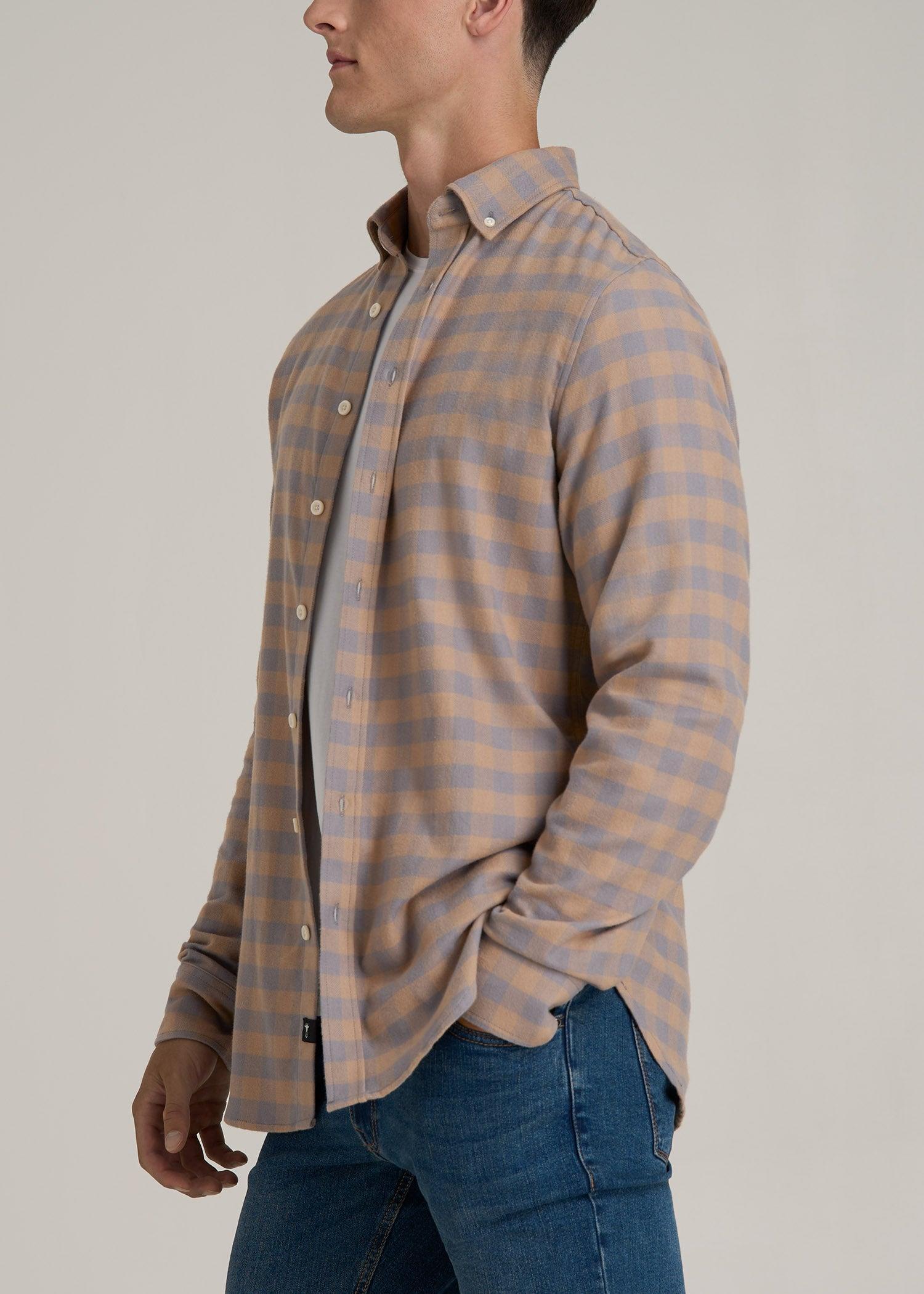 Midweight Brushed Flannel Button Shirt for Tall Men in Taupe and Grey Check Product Image