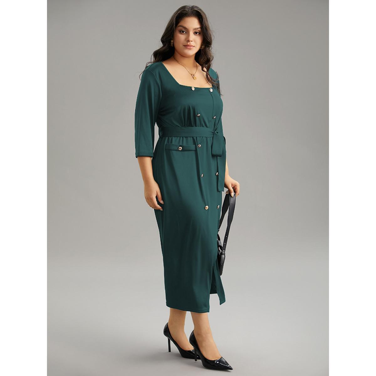 Plus Size Square Neck Metal Detail Belted Gathered Dress Cyan Women Office Plain Square Neck Elbow-length sleeve Curvy Midi Dress BloomChic 26/4X Product Image