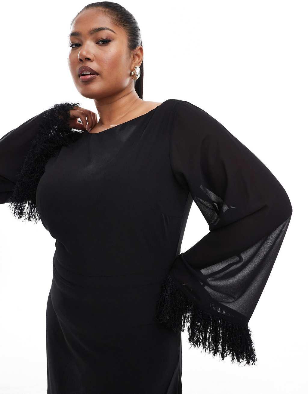 TFNC Plus long sleeve maxi dress with faux feather cuffs in black Product Image