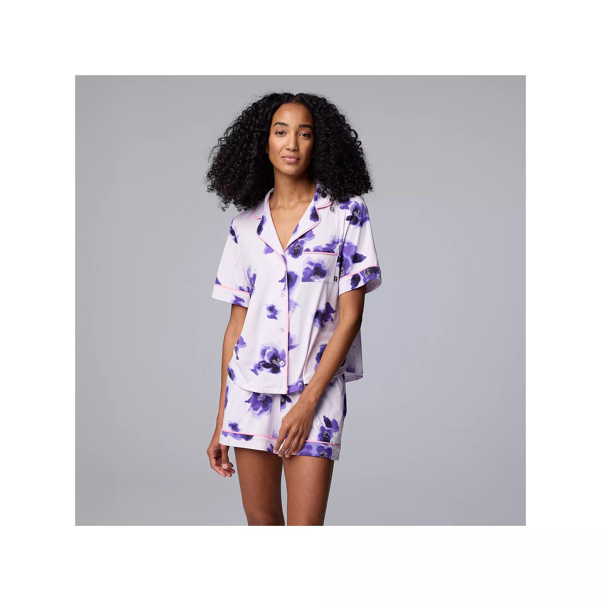 Women's Simply Vera Vera Wang 2-Piece Short Sleeve Notch Collar Pajama Top & Boxer Pajama Bottoms Set, Size: XXL, Purple Floral Product Image