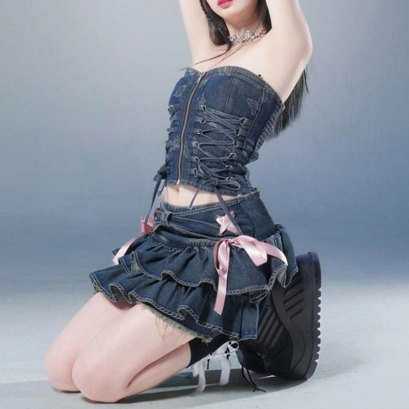 Low Rise Side Lace-Up Washed Mini Layered Denim Skirt Product Image