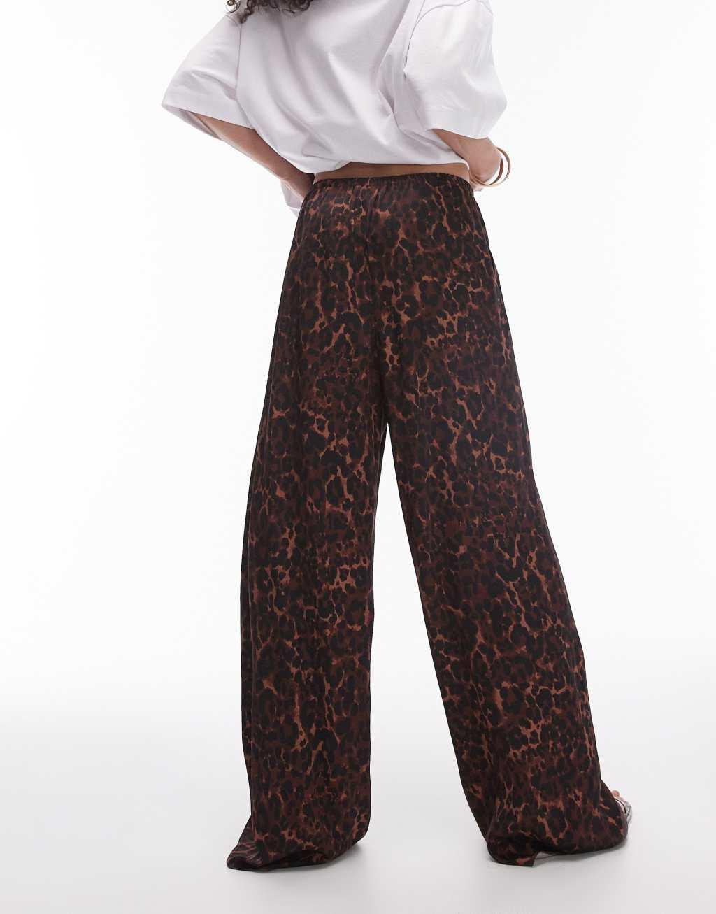 Topshop leopard print satin straight leg tie waist pants in light leopard Product Image