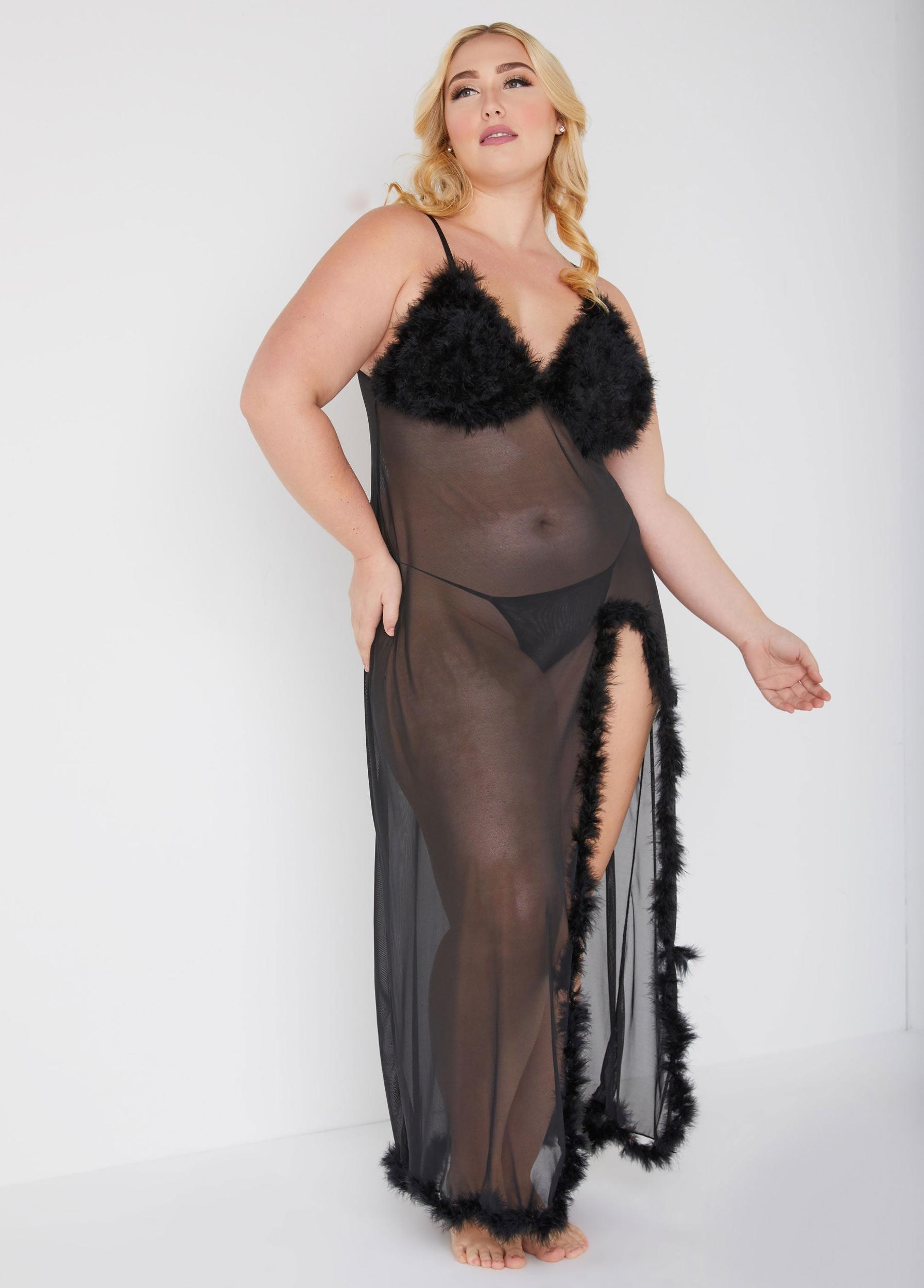 Plus Size Feather Trimmed Mesh Gown Set Ashley Stewart Product Image
