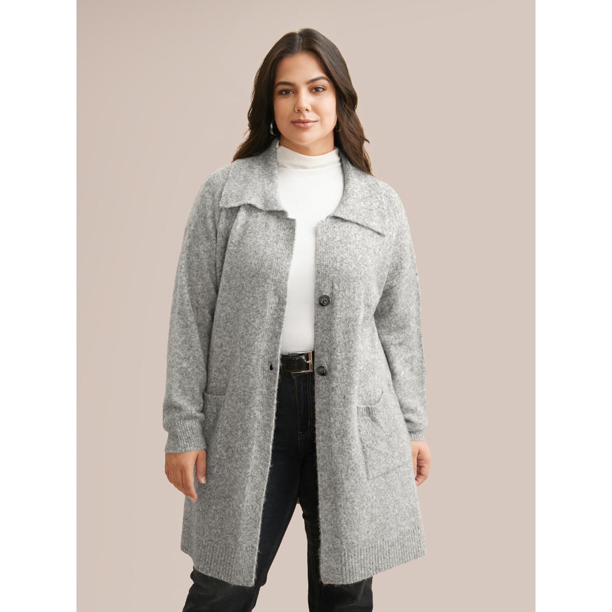Plus Size Airy Cozy Lapel Collar Pocket Wool Cardigan LightGray Women Casual Loose Long Sleeve Everyday Cardigans BloomChic 14-16/1X Product Image