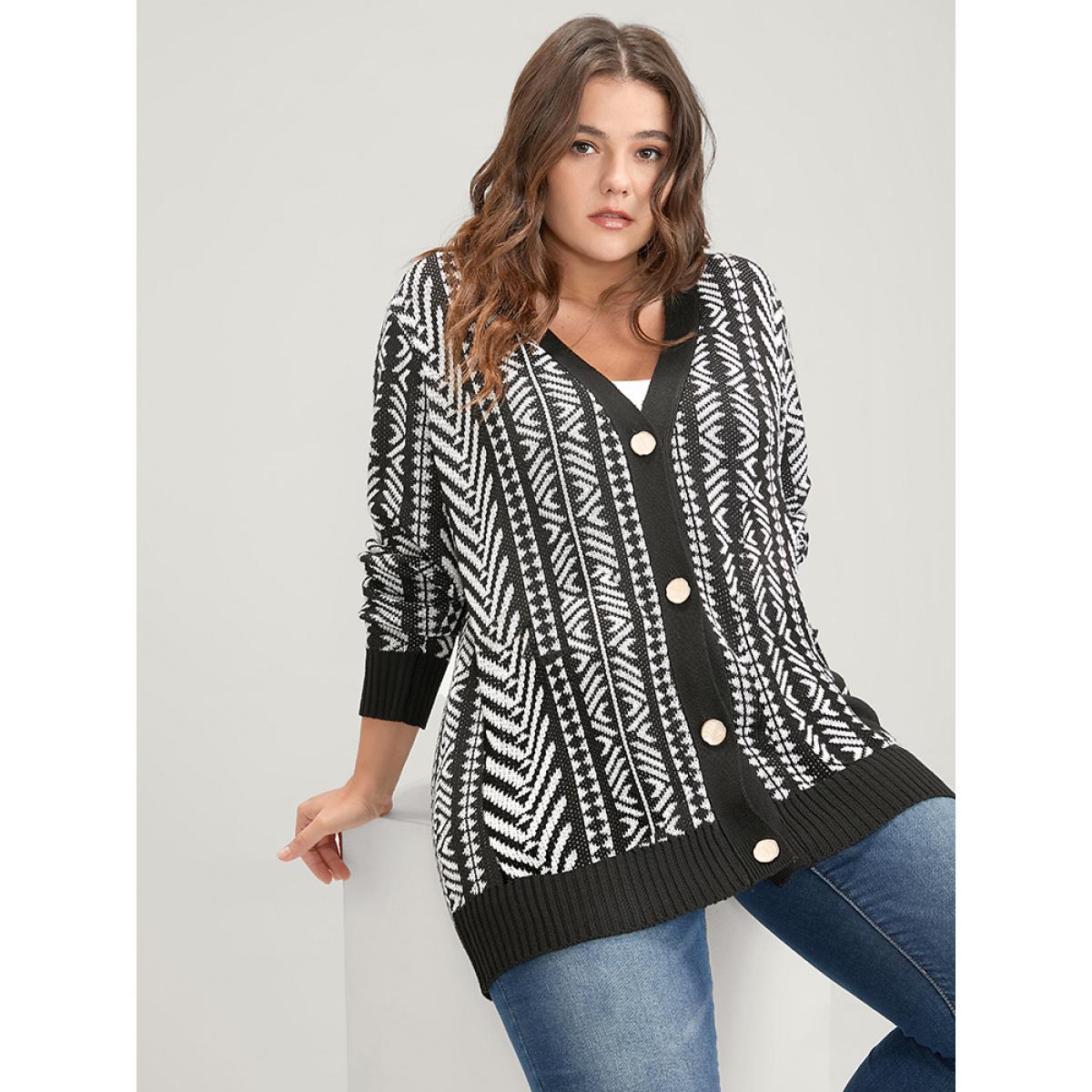 Plus Size Bandana Geometric Pointelle Knit Contrast Button Front Cardigan Black Women Casual Loose Long Sleeve Dailywear Cardigans BloomChic 30/6X Product Image
