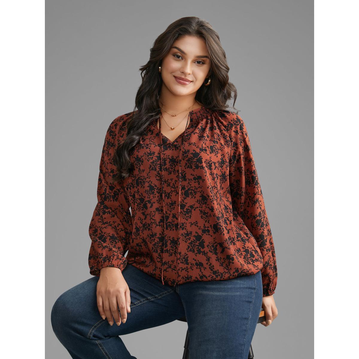 Plus Size Russet Silhouette Floral Print Shirred Gathered Blouse Women Elegant Long Sleeve Wrap collar Everyday Blouses BloomChic 12/L Product Image