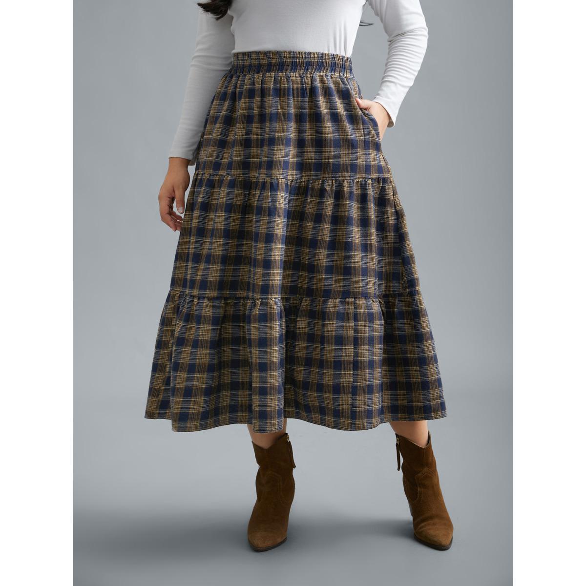 Plus Size Plaid Pattern Stretchy Waist Skirt Women Indigo Elegant Gathered No stretch Side seam pocket Everyday Skirts BloomChic 22-24/3X Product Image